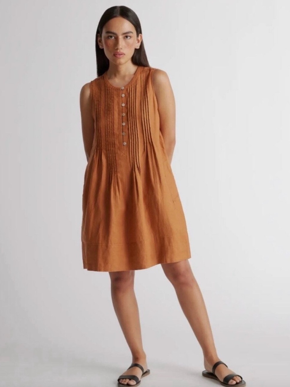 Quince Linen 100% European Linen Sleeveless Terracotta
Pleated Swing Dress SM